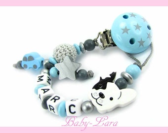 Pacifier chain with name * for boys / boy * with dog, crochet ball, car and star * star clip * light blue, light gray, silver