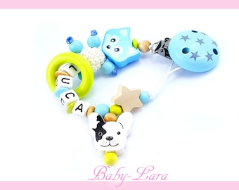 Pacifier chain with name * for boys / boy * with fox, dog, star * star clip * light blue, light green