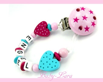 Pacifier necklace with name * for girl / girl * with hearts * star clip * pink, dark pink, turquoise