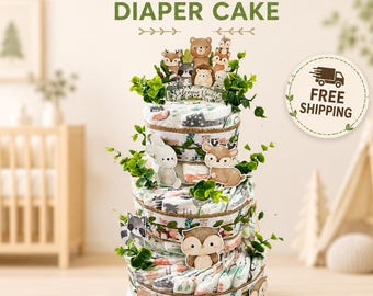 Woodland Animals Diaper Cake, Baby Shower Centerpiece, Neutral Baby Shower Gift, Forest Animal Baby Gift