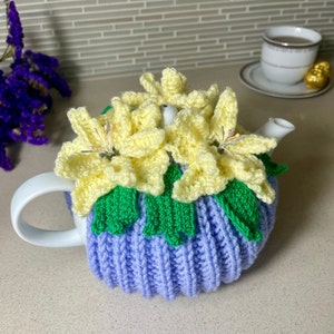 Crochet Yellow Lily Flowers Tea Cozy ~ Hand Knitted Blue - Lavender Teapot Warmer for 2 pint (1.2L),4 - 6 cup pot, GIFT for Mother, Mom