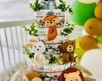 Woodland Animals Diaper Cake, Baby Shower Centerpiece, Neutral Baby Shower Gift, Forest Animal Baby Gift