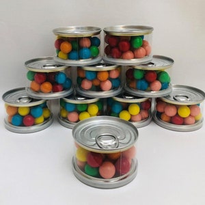 Caixas plásticas semelhantes a latas, transparentes, reutilizáveis, não descartáveis, formato redondo, caixa de armazenamento para doces, especiarias e chá