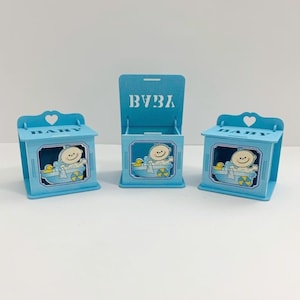 Cajas de madera de baby shower azul, regalo único de baby shower, regalo de niño, favor de baby shower, decoración e ideas de baby shower, caja de madera