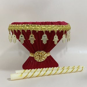 Cesto di henné, oro e rosso scuro, festa tradizionale dell'henné, arredamento etnico, arredamento marocchino decorativo, portacandele, cerimonia dell'henné