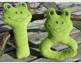 Grasping toy & rattle embroidery file ITH frog 13x18 baby toy baby gift birth instructions in German