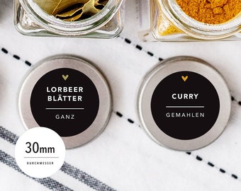 80 Spice labels stickers - CLASSIC black with colored hearts - 30mm ROUND - labels PLASTIC wet wipe, personalizable