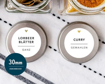 80 Spice labels stickers - CLASSIC white with colored hearts - 30mm ROUND - labels PLASTIC wet wipe, personalizable