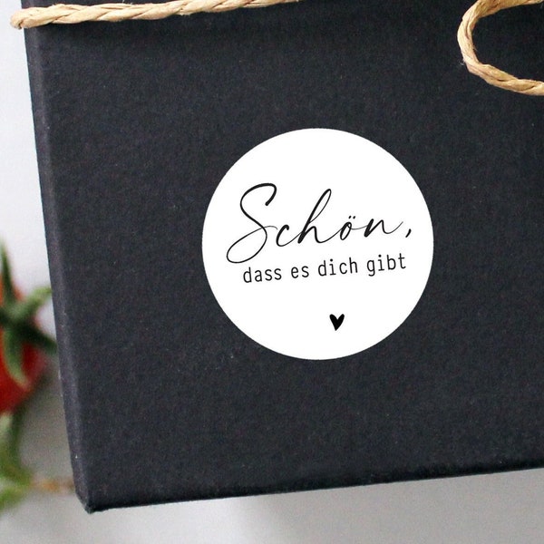 24 Aufkleber Sticker "Schön, dass ES DICH GIBT" - auf weiss mit schwarzen Herzen - Geschenkaufkleber, 40mm