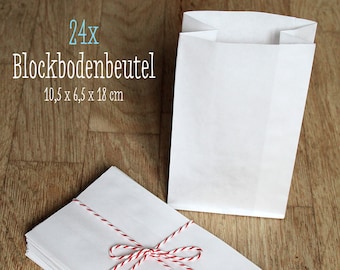 24 white bottom bags standing, plain paper bags - 10,5 x 6,5 x 17,5 cm, 80g/sqm - advent calendar bags