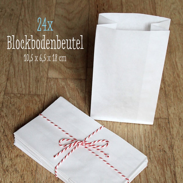 24 weisse Bodenbeutel stehend, glatte Papierbeutel - 10,5 x 6,5 x 17,5 cm, 80g/qm - Adventskalendertüten