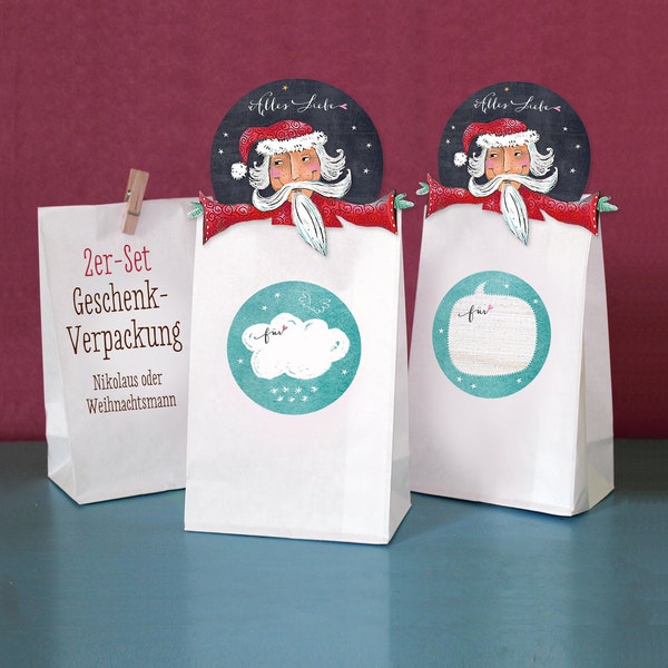 Geschenkverpackung Nikolaus 2er-Set: Bodenbeutel, Klammern, Etikett, Nikolaus bzw. Weihnachstmann, Bastelset