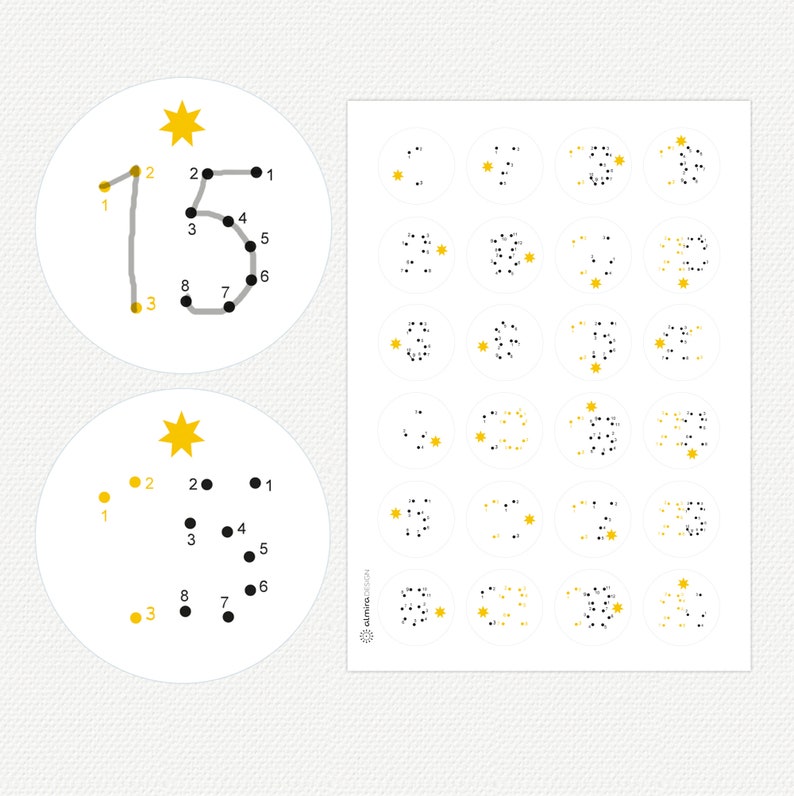 24 Advent Calendar Numbers Stickers POINT NUMBERS, white yellow stars image 3