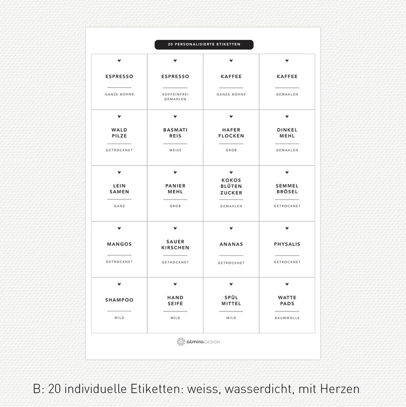 20 Etiketten PERSONALISIERBAR individuelle Etiketten FOLIEN-Etiketten, nass abwischbar, minimalistisch 50x50mm B: WEISS + HERZEN