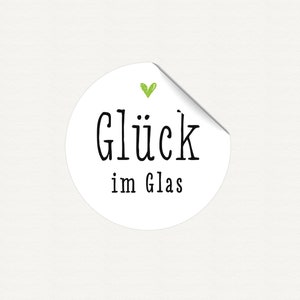 Labels gift stickers "Glück im Glas" with heart on WHITE (green, yellow or red) - 40mm