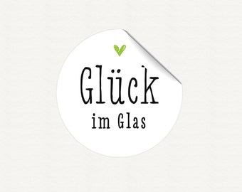 Etiketten Geschenkaufkleber "Glück im Glas" mit Herz auf WEISS - grün, rot oder gelb - 40mm