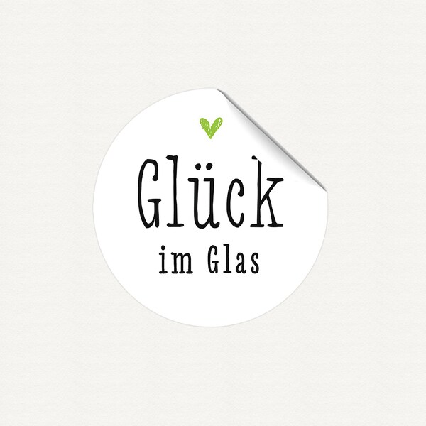 Etiketten Geschenkaufkleber "Glück im Glas" mit Herz auf WEISS - grün, rot oder gelb - 40mm