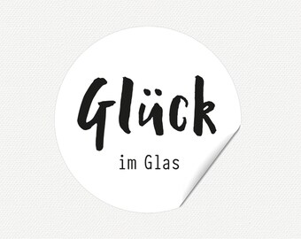 Labels Gift stickers "Glück im Glas" BRUSH black on white, round