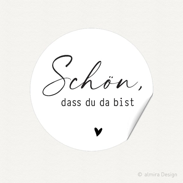 24 Stickers "SCHÖN, dass du da bist" - white with black hearts - 40 mm