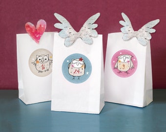 Advent calendar children, Advent calendar numbers, Advent calendar bags, white paper bags, sticker owls colored, kids