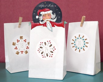 Advent calendar set, stickers, Advent calendar numbers, stickers, Advent calendar bags, NATURAL STARS white bottom bags, mini clamps, Advent