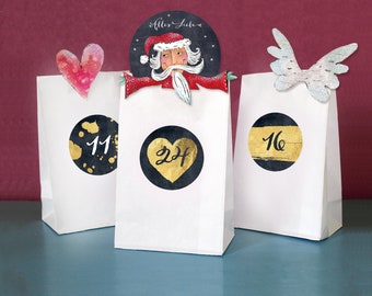 Advent calendar set, stickers, Advent calendar numbers, Advent calendar bags, BLACKGOLD (gold = simulated) speckled, white bottom bags