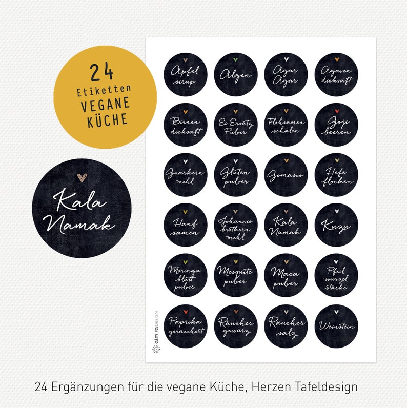 96 Etiketten Gewürze Aufkleber Kräutergarten mit Herz Tafeloptik Gewürzetiketten 40mm, Papier oder wasserfestes Polyester B 24 vegane Küche