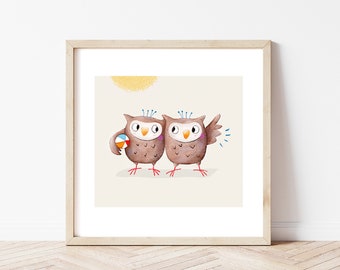 Children picture - TWINS OWLS - children poster, animals poster, animal poster for twins, A4