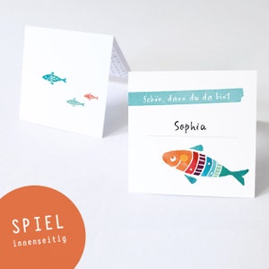 Place cards baptism COLORFUL FISH with game inside table decoration baptism - First Communion