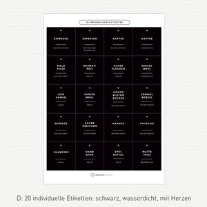 20 Etiketten PERSONALISIERBAR individuelle Etiketten FOLIEN-Etiketten, nass abwischbar, minimalistisch 50x50mm C: SCHWARZ + HERZEN