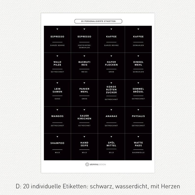 20 Etiketten PERSONALISIERBAR individuelle Etiketten FOLIEN-Etiketten, nass abwischbar, minimalistisch 50x50mm C: SCHWARZ + HERZEN