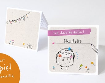 Place Cards Children Birthday Party LOTTI Owl with Game pink Place Cards with Party Game