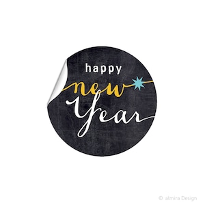 Sticker HAPPY NEW YEAR Tafeldesign - Geschenkaufkleber gelb blau