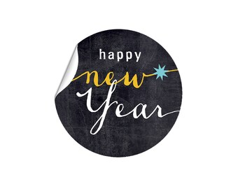 Sticker HAPPY NEW YEAR Tafeldesign - Geschenkaufkleber gelb blau