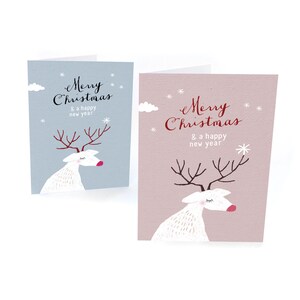 Weihnachtskarte klein Merry Christmas | HIRSCH | blaugrau + altrosa | Klappkarten A7