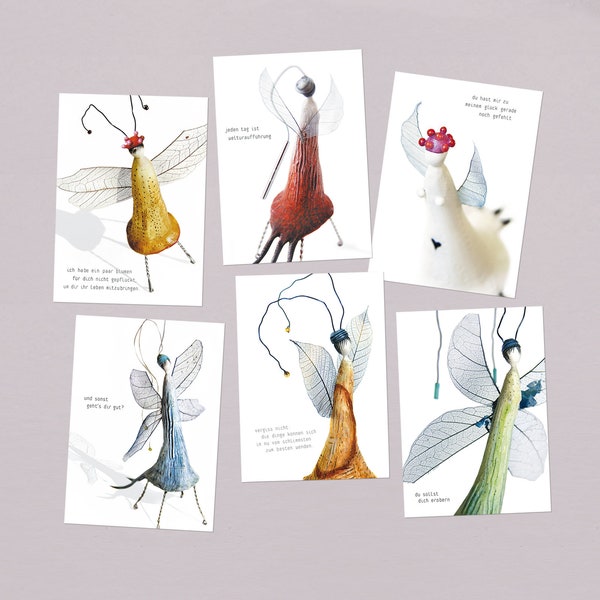 Grusskarten Spruchpostkarten 6x Postkarten im SET mit zarten Figurinas A