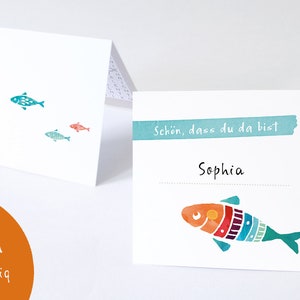 Place cards baptism COLORFUL FISH with game inside table decoration baptism - First Communion