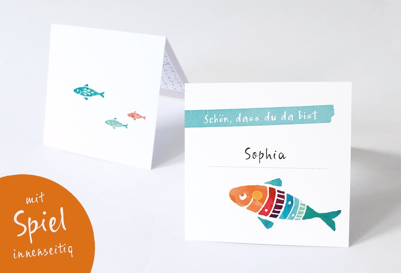 Place cards baptism COLORFUL FISH with game inside table decoration baptism First Communion image 1