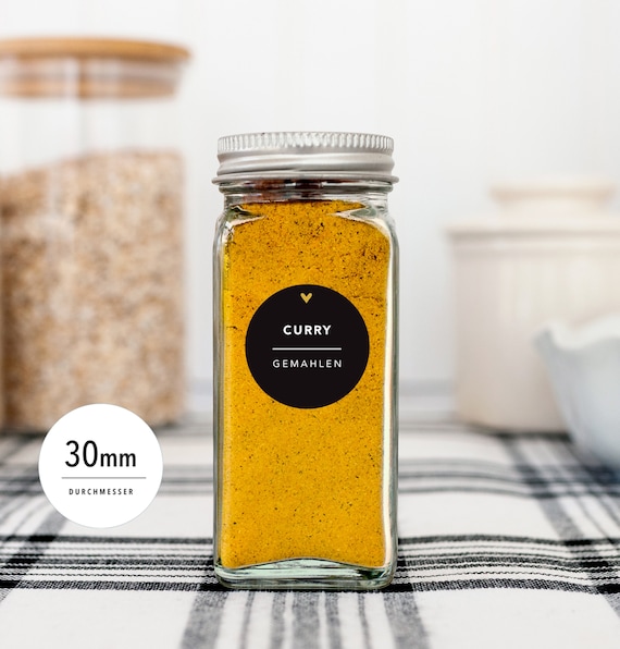 80 Gewürzetiketten Aufkleber - KLASSIK schwarz mit farbigen Herzen - 30mm RUND - Etiketten PLASTIK nass abwischbar, personalisierbar