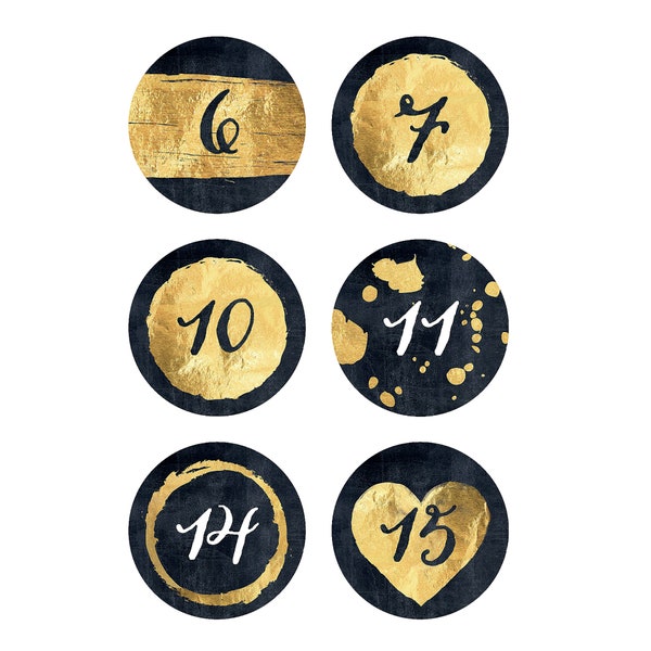 Advent calendar numbers Gold-Black-Potpourri (blobs, hearts, gold = simulated), DIY Advent calendar, stickers, stickers, golden yellow, 40mm