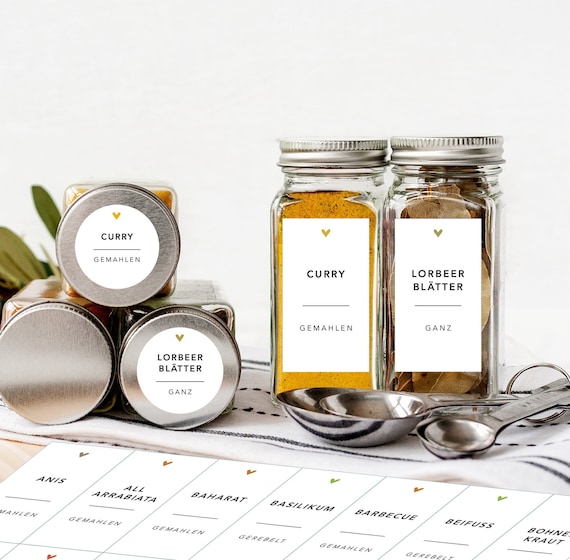 80 Gewürzetiketten - KLASSIK länglich weiss HERZEN - Etiketten PLASTIK, nass abwischbar, personalisierbar, minimalistisch