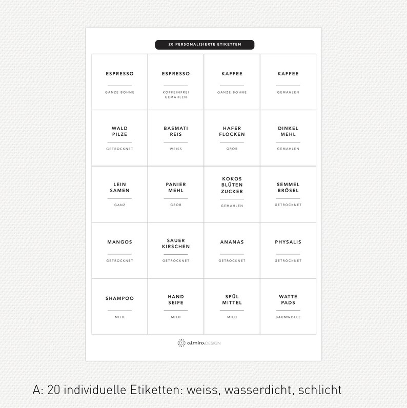 20 labels PERSONALIZABLE individual labels FOLIEN labels, wet wipe, minimalist 50x50mm A: WEISS SCHLICHT