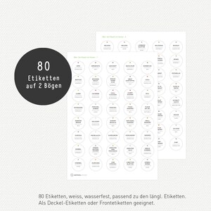 May include: White spice jar labels with black text. The labels are round and feature various spice names. The image includes a dark gray circle with the text "80 Labels on 2 Sheets". The text at the bottom says "80 labels, white, waterproof, suitable for the long. Labels. Suitable as lid labels or front labels."