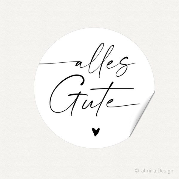 Sticker ALLES GUTE- fine feather writing black / white heart - gift sticker