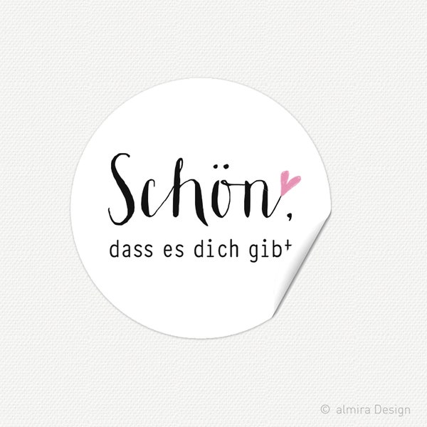 24 Aufkleber Sticker "Schön, dass ES DICH GIBT" - weiss mit bunten Herzen - Geschenkaufkleber Sticker, 40mm