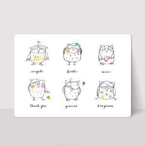 Postkarte DANKE Eulen - merci - gracias - thank you - A4