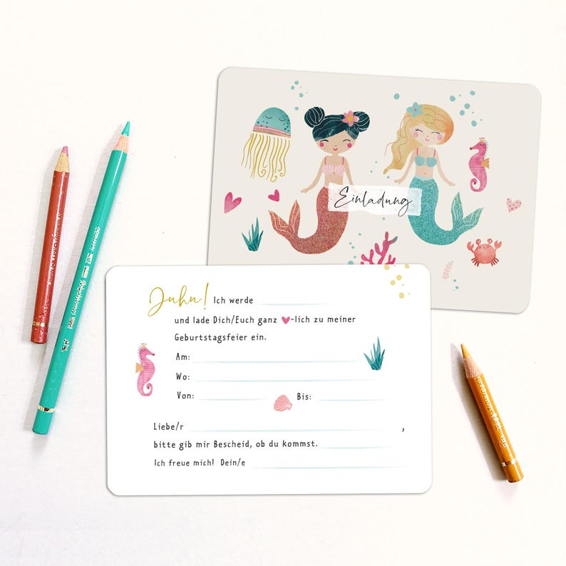Invitation cards children's birthday MERMAID - girls A6 invitation mermaid image 3