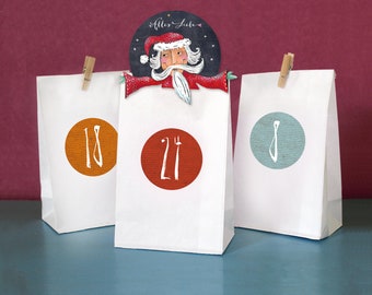 Advent calendar set, stickers, Advent calendar numbers, Advent calendar bags, PINSELZAHLEN coloured, white bottom bags, mini clips, stickers