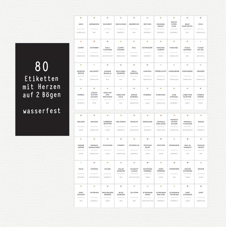 May include: A set of 80 spice labels with a heart design, printed on two waterproof sheets. The labels are white with black text, featuring various spice names. The image includes a black rectangle with German text.