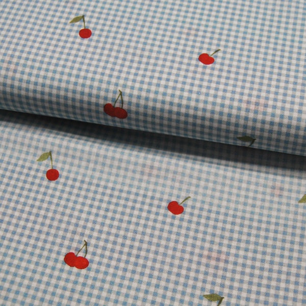 Baumwolle - Poplin Digital - Cherry / Kirsche auf Hellblau - 0.5 Meter